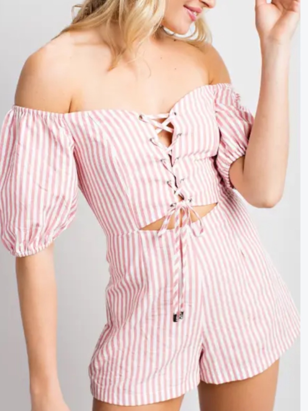 Renvy Red and White Striped Puff-Sleeve Tunic with Lace-Up Front